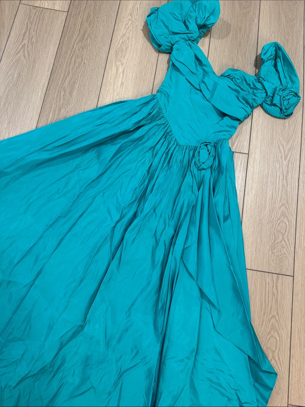 Vintage 80s Green Union Made Prom Bridesmaid Dress Empire Waist Floral Costume